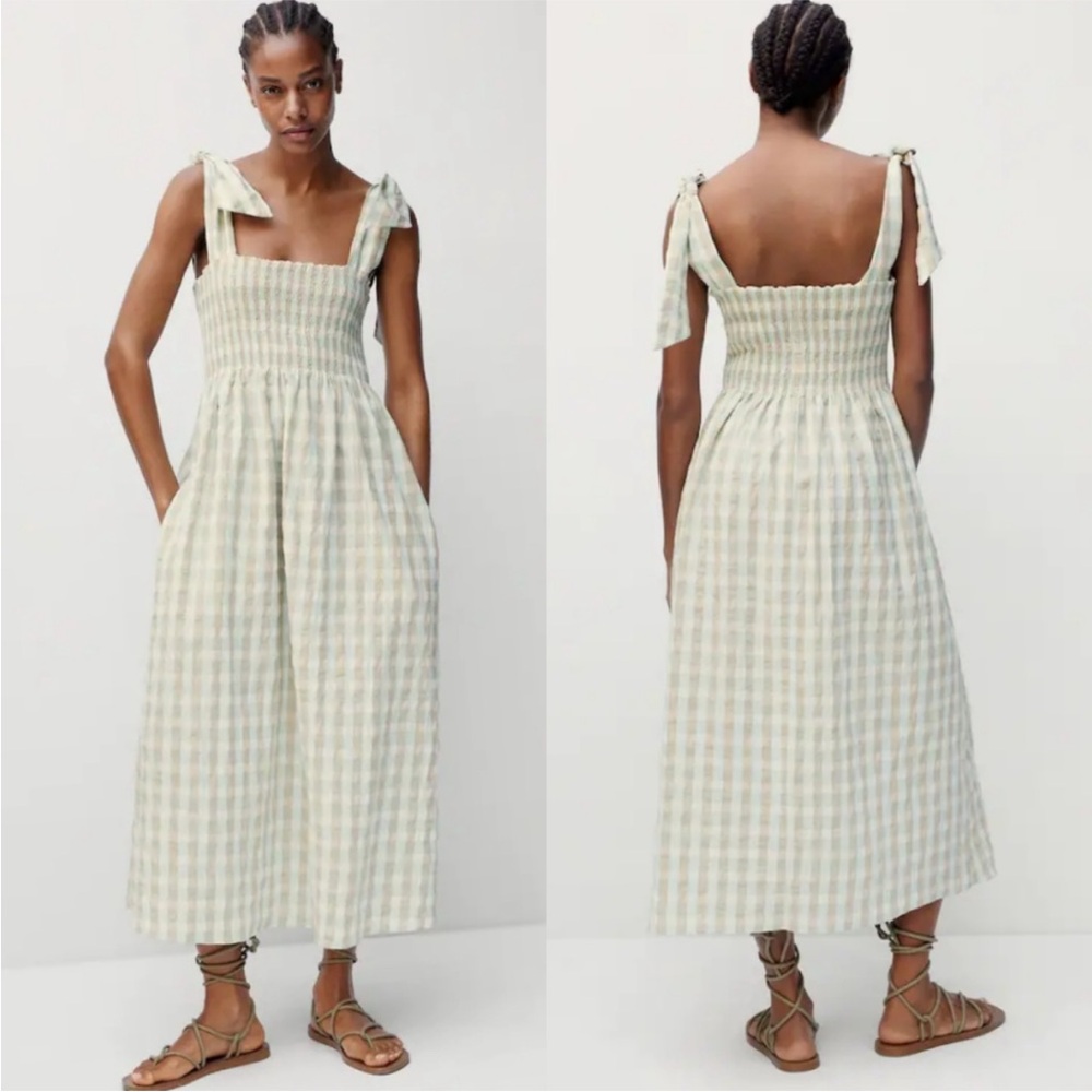 Mango Gingham Midi Dress in Green and White